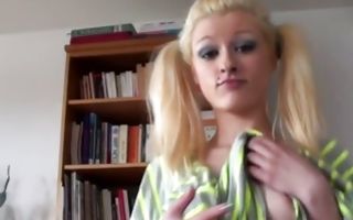 Young pretty blonde girlfriend rubs her tits in homemade porn